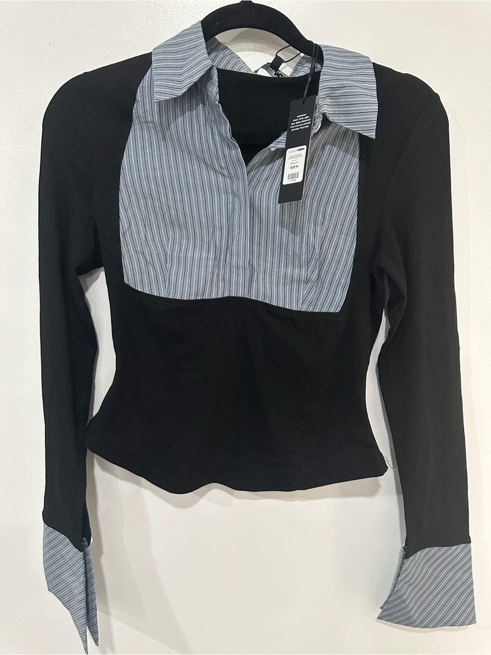 Fashion Nova Black Long-Sleeve Button Down Top with Blue-Gray Striped Bib
